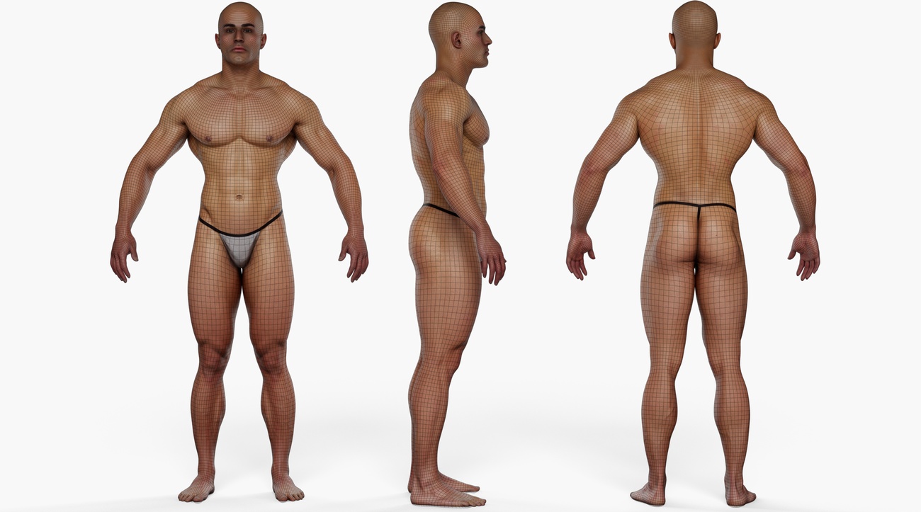 Wireframe topology overlay of a stocky male 3D body scan showing clean quad mesh edge loops across the full figure